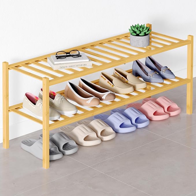 Smiry Bamboo Shoe Rack for Closet, 2 Tier Long Wooden Stackable Shoe Organizer by Smiry