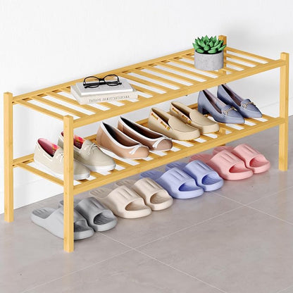 Smiry Bamboo Shoe Rack for Closet, 2 Tier Long Wooden Stackable Shoe Organizer by Smiry