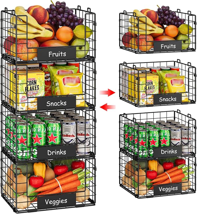 JKsmart 4 Pack XL Stackable Wire Baskets, Pantry Organizers and Storage | by JKsmart