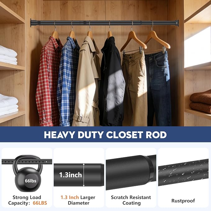 Heavy Duty Closet Rod, Adjustable 17-100 in, 1.3" Diameter | Black, Suitable - Image 3