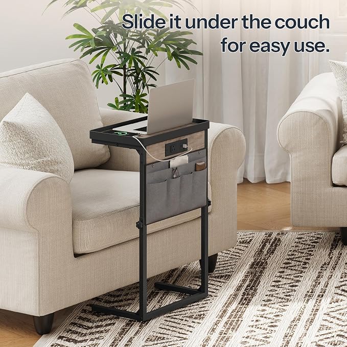 HOOBRO C-Shaped End Table with Charging Station, 29.5” Adjustable Height Side - Image 4