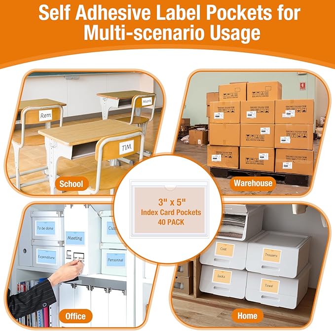 40 PCS Index Card Pockets, Self Adhesive Card Pockets 3"X5" - Image 4