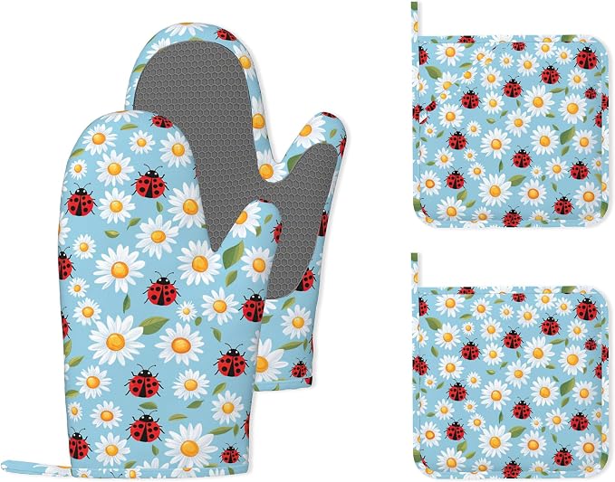 Ladybug Heat-Resistant Silicone Oven Mitts and Pot Holders 4 Piece Set by Unknown