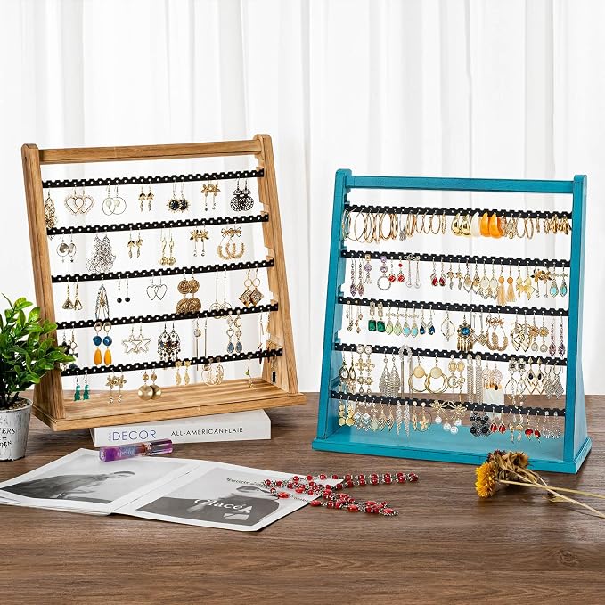 Poyilooo Earring Organizer Stand, Rustic Wood Earring Holder Rack, 5 Layer - Image 6
