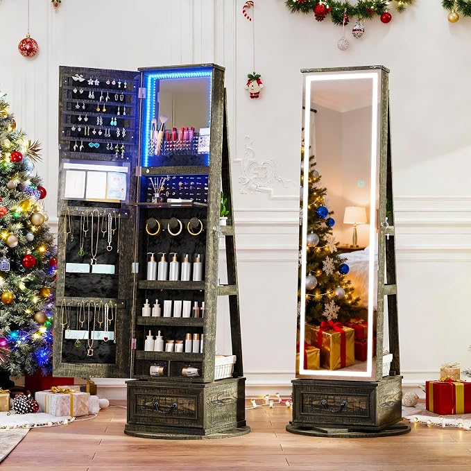 LVSOMT LED Mirror Jewelry Cabinet Standing, 360°Swivel Jewelry Armoire by DecorateHomeatEase