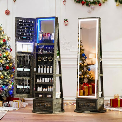 LVSOMT LED Mirror Jewelry Cabinet Standing, 360°Swivel Jewelry Armoire by DecorateHomeatEase