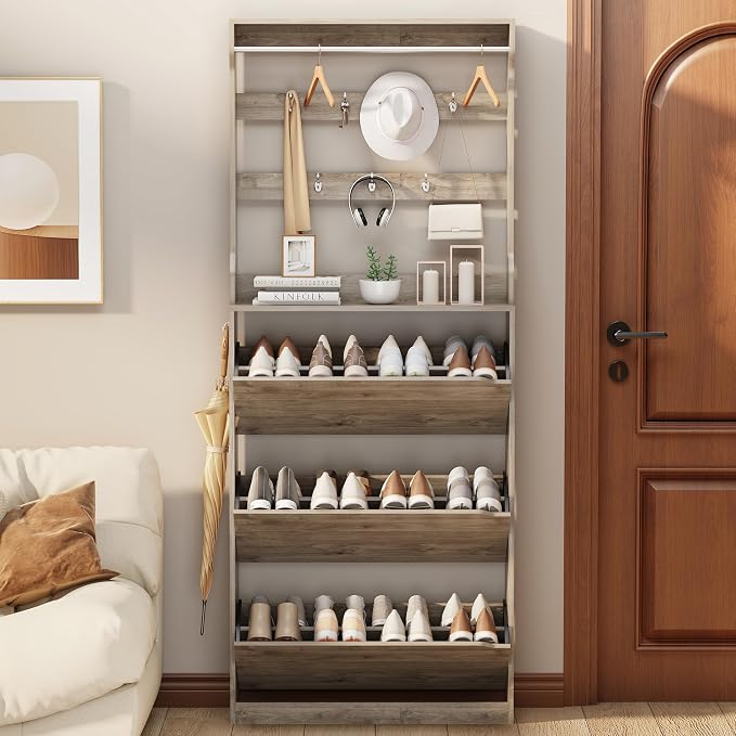 Shoe Cabinet for Entryway with 3 Flip Drawers, Narrow Hidden Slim Freestanding - Image 9