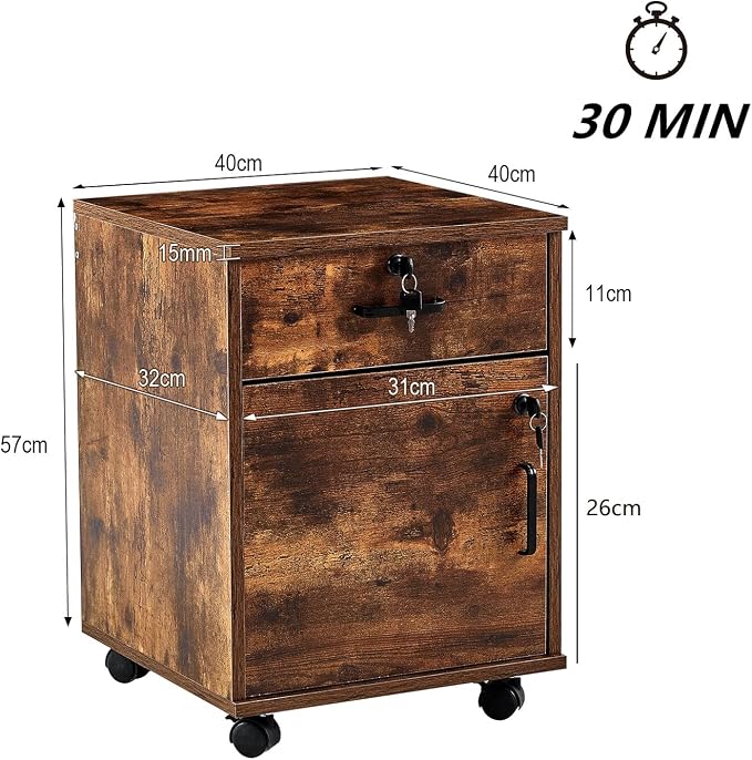 File Cabinet with Lock and Drawer, Mobile Under Desk Storage Cabinet with 360° - Image 3