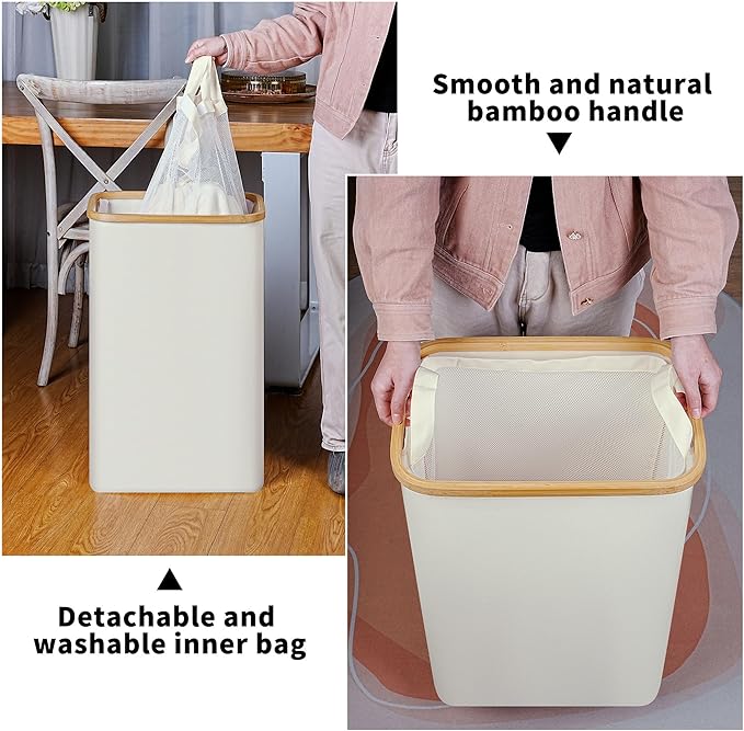 iEGrow Slim Laundry Hamper, 75L Beige Narrow Laundry Basket - Image 4