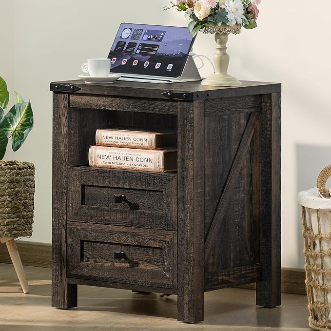 Nightstand with Charging Station and USB Port, Farmhouse Side End Table with 2 - Image 3