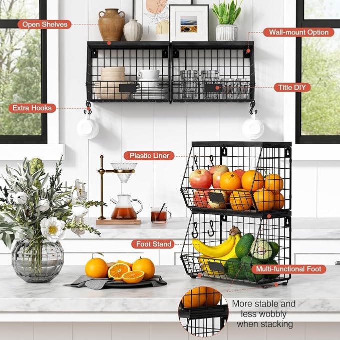 Goozii Black Kitchen Wall Hanging Storage Basket Set of 2, Rustic Stackable - Image 6
