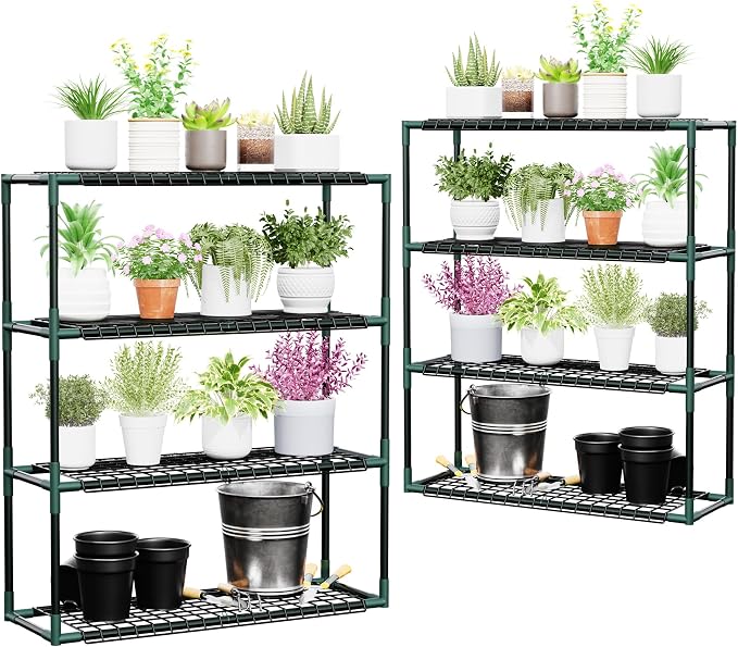 Joyside Outdoor Plant Shelves, 4 Tier 2 Pack Metal Stable Greenhouse Shelving by Joyside