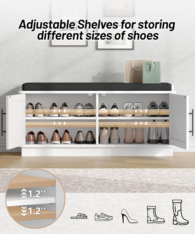 Akxomel 39.4" Fluted Shoe Storage Bench 2 Doors Wooden Entryway Bench White | 2 - Image 5