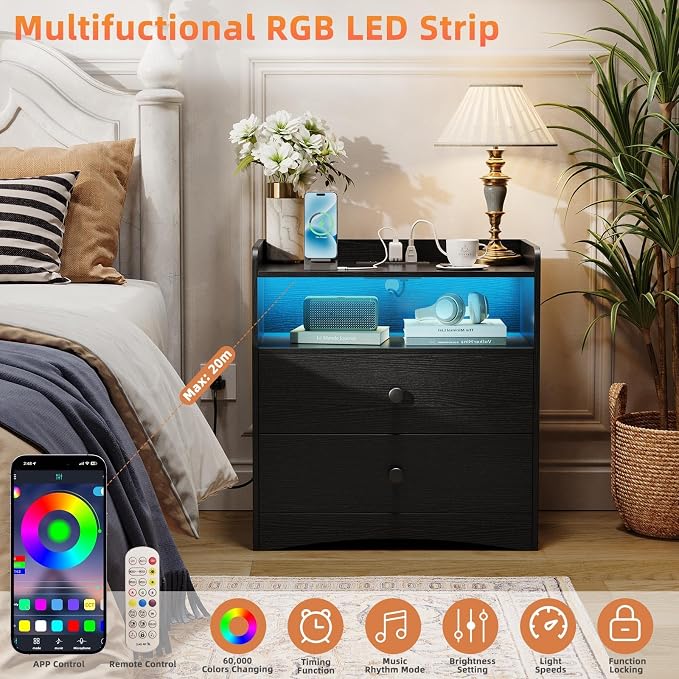 2 Pack Nightstand with Charging Station and LED Light, Modern Nightstand with - Image 3