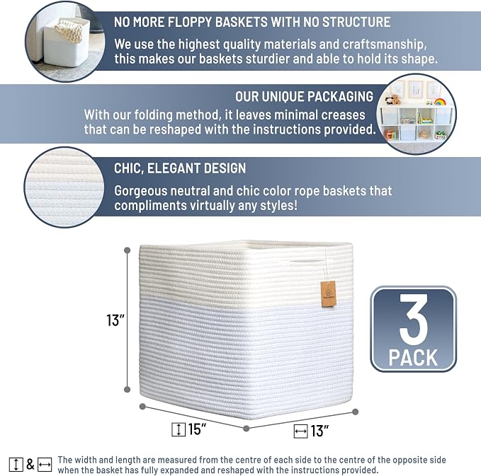NaturalCozy 13x15x13 Kallax Storage Cubes Bins, 3 Pack | Cotton Rope Cube - Image 2