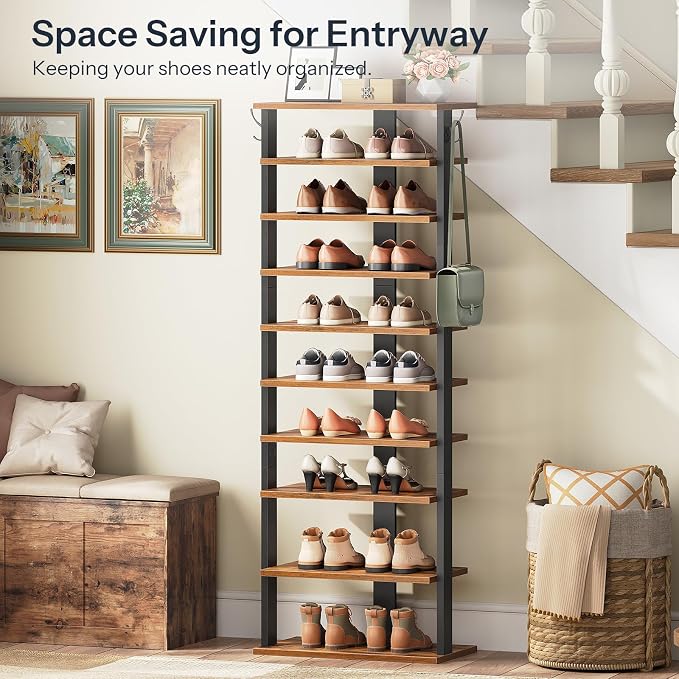 HOOBRO 10 Tiers Vertical Shoe Rack, Wooden Shoe Storage Organizer - Image 3