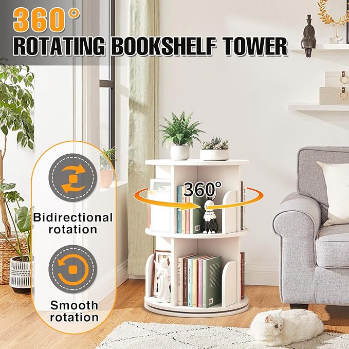 RUNSUNSPRI 2 Tier Rotating Bookshelf Tower Spinning Bookshelf Revolving - Image 5