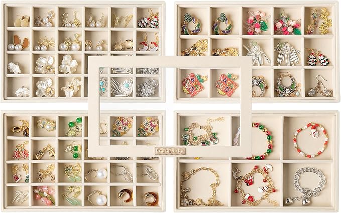 Frebeauty Stackable Jewelry Trays, Removable Glass Lid, Drawer Inserts by Frebeauty
