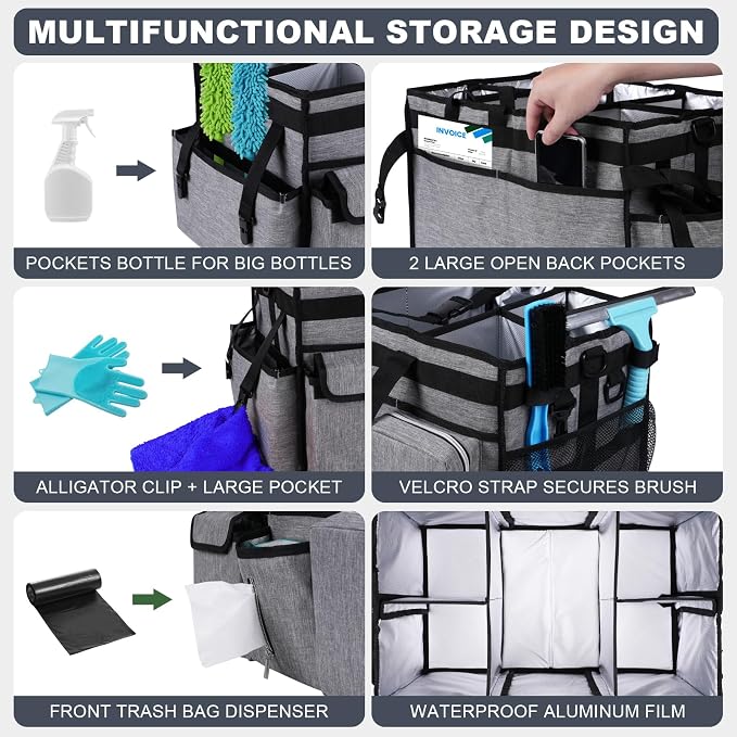 Large Cleaning Caddy Bag with Rigid Support Board, Cleaning Organizer Tote with - Image 2