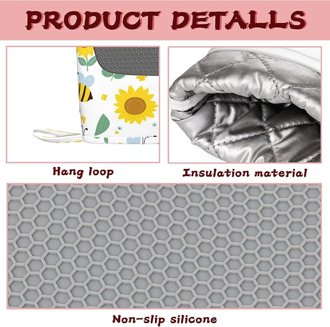 Cute Bee Sunflower Heat-Resistant Silicone Oven Mitts and Pot Holders 4 Piece - Image 3
