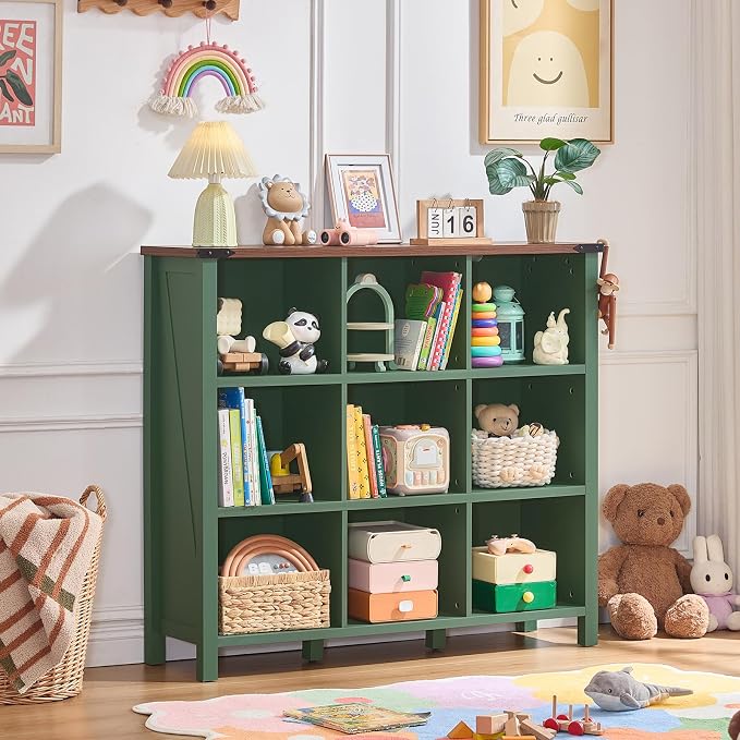 Joaxswe 9 Cube Storage Organizer, Farmhouse 47 Inch Wide Vintage Green Bookshelf - Image 7