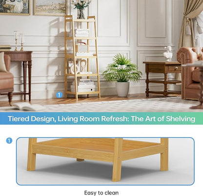 SMIBUY Bamboo Ladder Bookcase, Bathroom Storage Rack Organizer, 4 Tier and 5 - Image 7