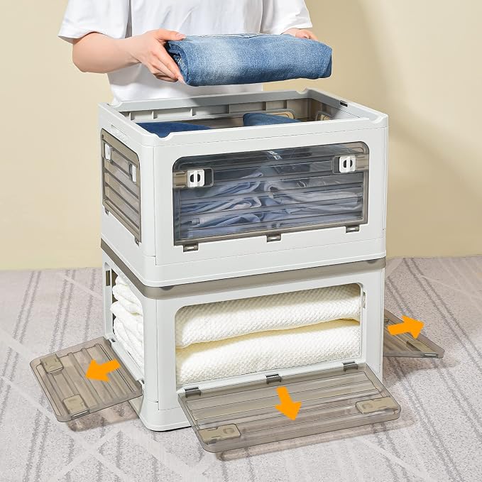 32Qt Plastic Storage Bins With Lid, Collapsible With Wheels, 4 Doors, Stackable - Image 5