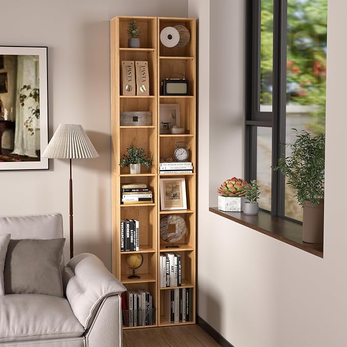 8-Cube Storage Organizer Bookcase, Oak Tall Narrow Bookshelf, Freestanding Open - Image 4