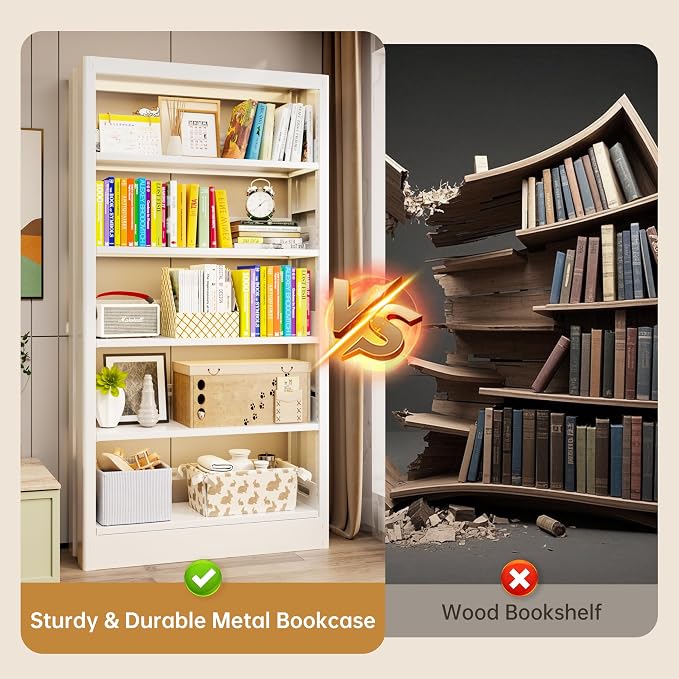 5-Tier Bookcase with Adjustable Storage Shelves, Metal Bookshelf with Book - Image 4