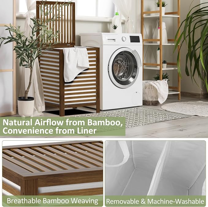 Bamboo Laundry Hamper with Lid, 120L Large Double Laundry Basket with Removable - Image 5