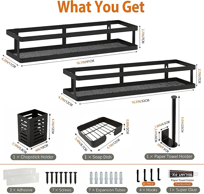 PUSDON 5-in-1 16.5" Extra Long Kitchen Organizer & Shower Caddy Set, Wall Mount - Image 2