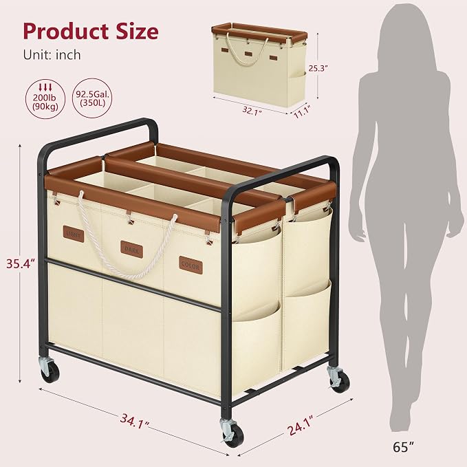 Tajsoon 350L Extra Large Laundry Hamper 6 Section, Heavy Duty Laundry Cart - Image 8