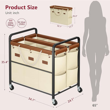 Tajsoon 350L Extra Large Laundry Hamper 6 Section, Heavy Duty Laundry Cart - Image 8