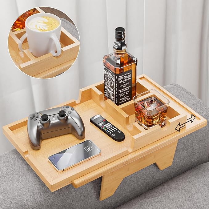 Bamboo Couch Cup Holder Tray - 2 in 1 Couch Armrest Table - Sofa Armchair Caddy by Bestjing