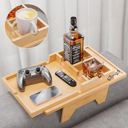 Bamboo Couch Cup Holder Tray - 2 in 1 Couch Armrest Table - Sofa Armchair Caddy by Bestjing