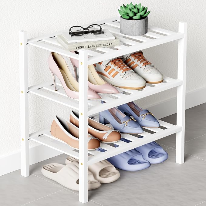 Smiry Bamboo Shoe Rack for Closet, 3 Tier Small Wooden Stackable Shoe Organizer by Smiry