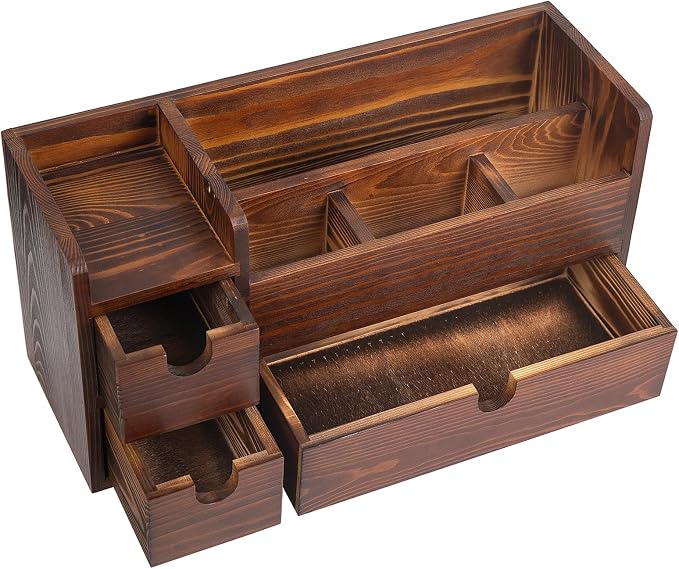 Rustic Brown Wooden Desktop Organizer Drawers Removable Office Supplies Torched - Image 3