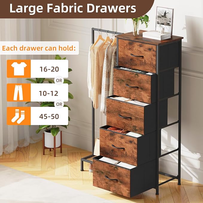 Somdot Dresser with Hanging Rack, 5 Drawers Small Closet - Image 5