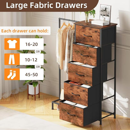 Somdot Dresser with Hanging Rack, 5 Drawers Small Closet - Image 5