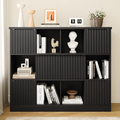 iPormis 12 Cube Bookcase with 6 Fluted Sliding Doors, 3 Tier Wooden Bookshelf by iPomis