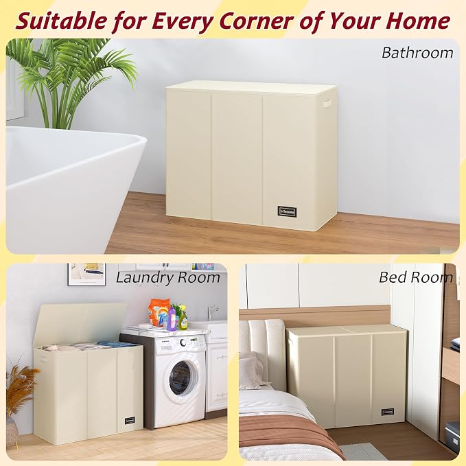 195L Laundry Hamper 3 Section, Large Laundry Hamper - Image 7