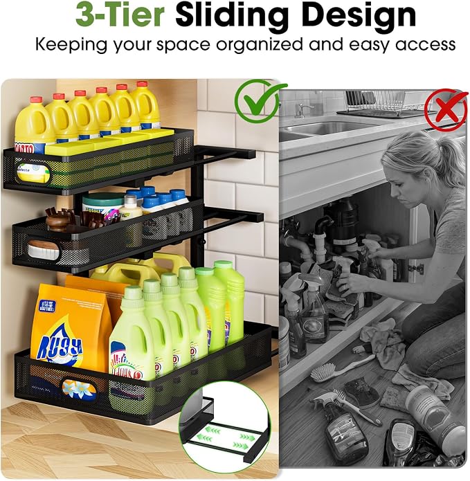 Under Sink Organizer 3 Tier, 2 Pack L-Shaped Pull-Out Cabinet Organizer - Image 2