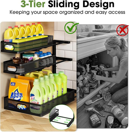 Under Sink Organizer 3 Tier, 2 Pack L-Shaped Pull-Out Cabinet Organizer - Image 2