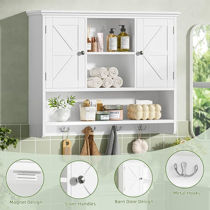 Bathroom Wall Cabinet with Doors and Hooks, 3-Tier Wall Mounted Cabinet | - Image 4