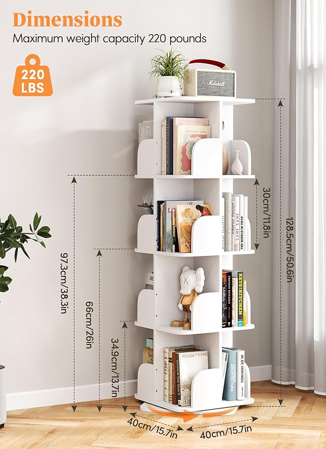 Turosur Rotating Bookshelf Tower, 4 Tier Spinning Square Bookshelf - Image 2