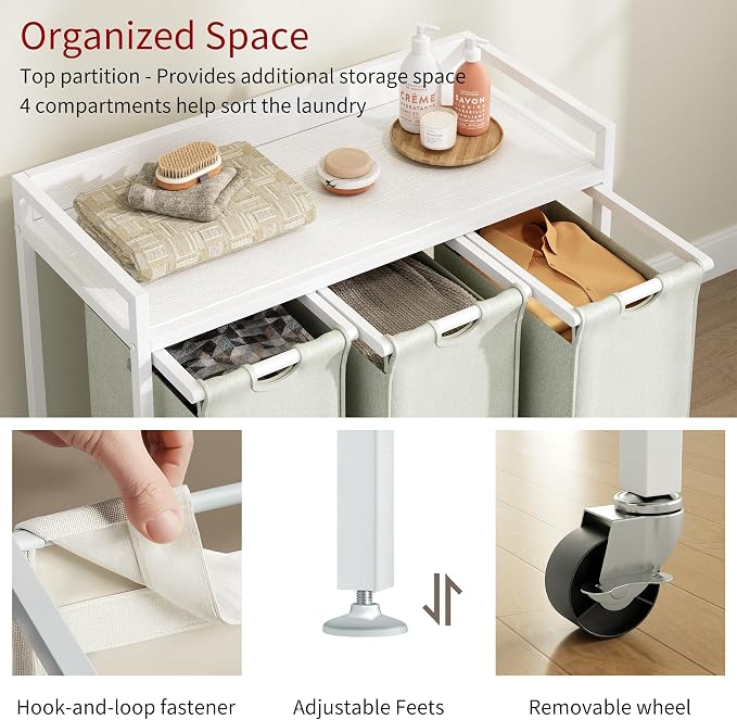 Laundry Hamper with Shelf, Laundry Basket 3 Section, Laundry Sorter with - Image 3