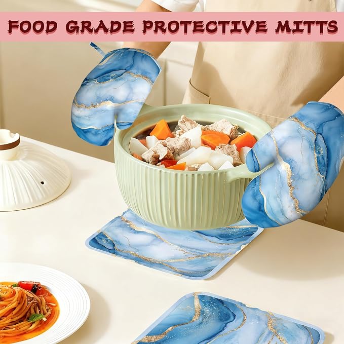 Blue Gold Marble Heat-Resistant Silicone Oven Mitts and Pot Holder 4 Piece Set - Image 7