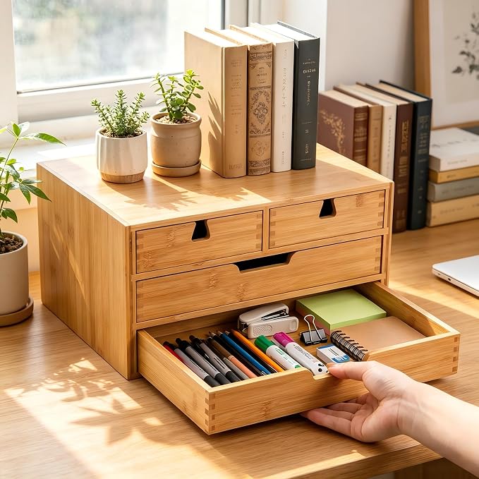 DEAYOU Bamboo Desk Organizer, 100% Natural Bamboo Desktop Drawer Organizer - Image 6