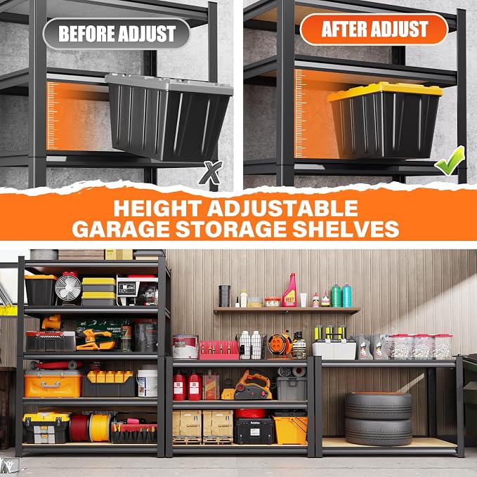 2Pack Storage Shelves, 2500lbs Garage Shelving, Adjustable Heavy Duty Shelving - Image 4