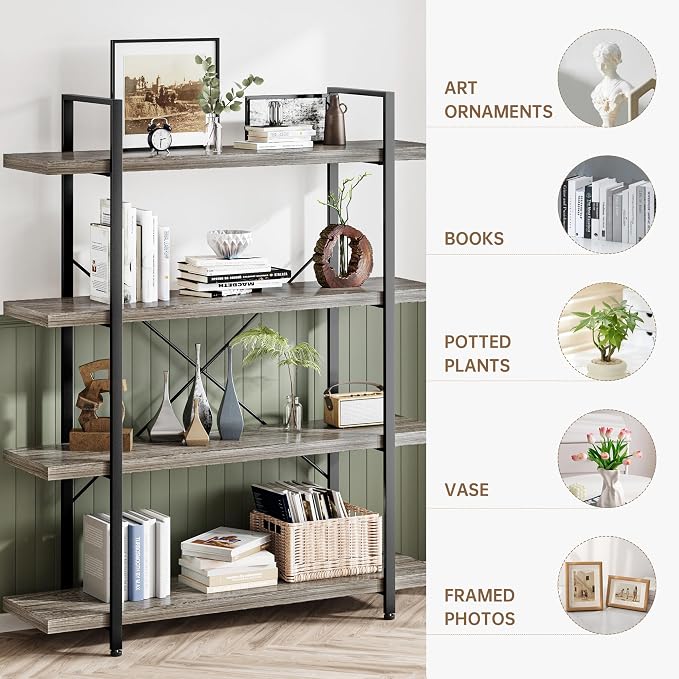 Heavy Duty 4-Tier Industrial Bookcase, 120lbs Shelf Capacity, Rustic Shelving - Image 3